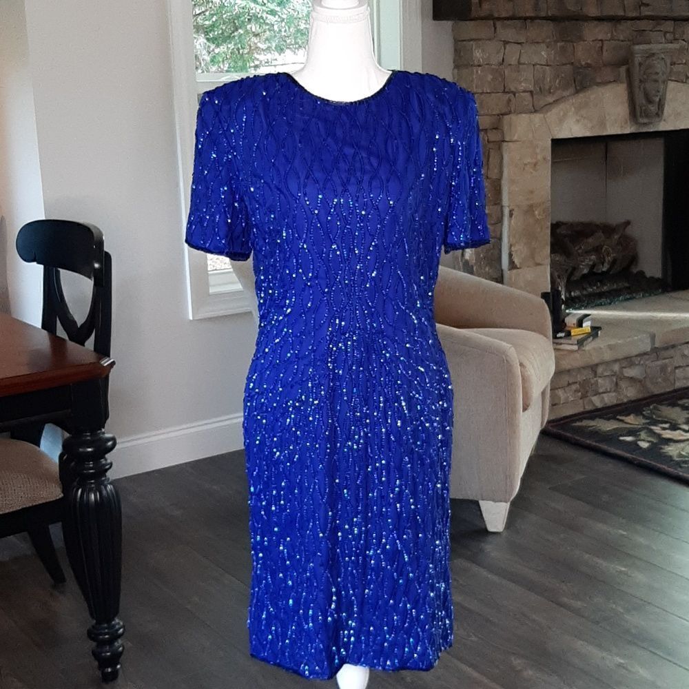 American Night Blue Silk with Sequins Formal Dress